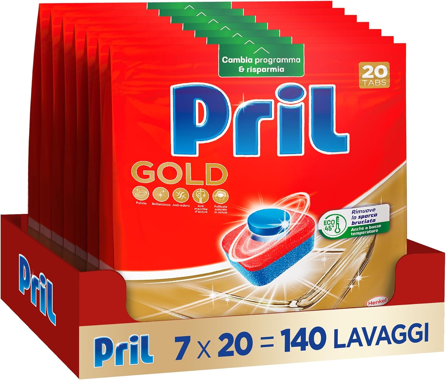 Pril Gold Tabs 10 Azioni, Detersivo per Lavastoviglie, Pulisce a Fondo Anche i Residui Ostinati, Confezione da 20 Tabs x 7 (140)
