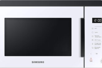 Samsung Forno a Microonde Glass Design MG23T5018AW/ET, Cottura Croccante, HomeDessert, Microonde + Grill 800 W + 1100 W, 23 L, 49l x 27,5h x 38p cm, Neve
