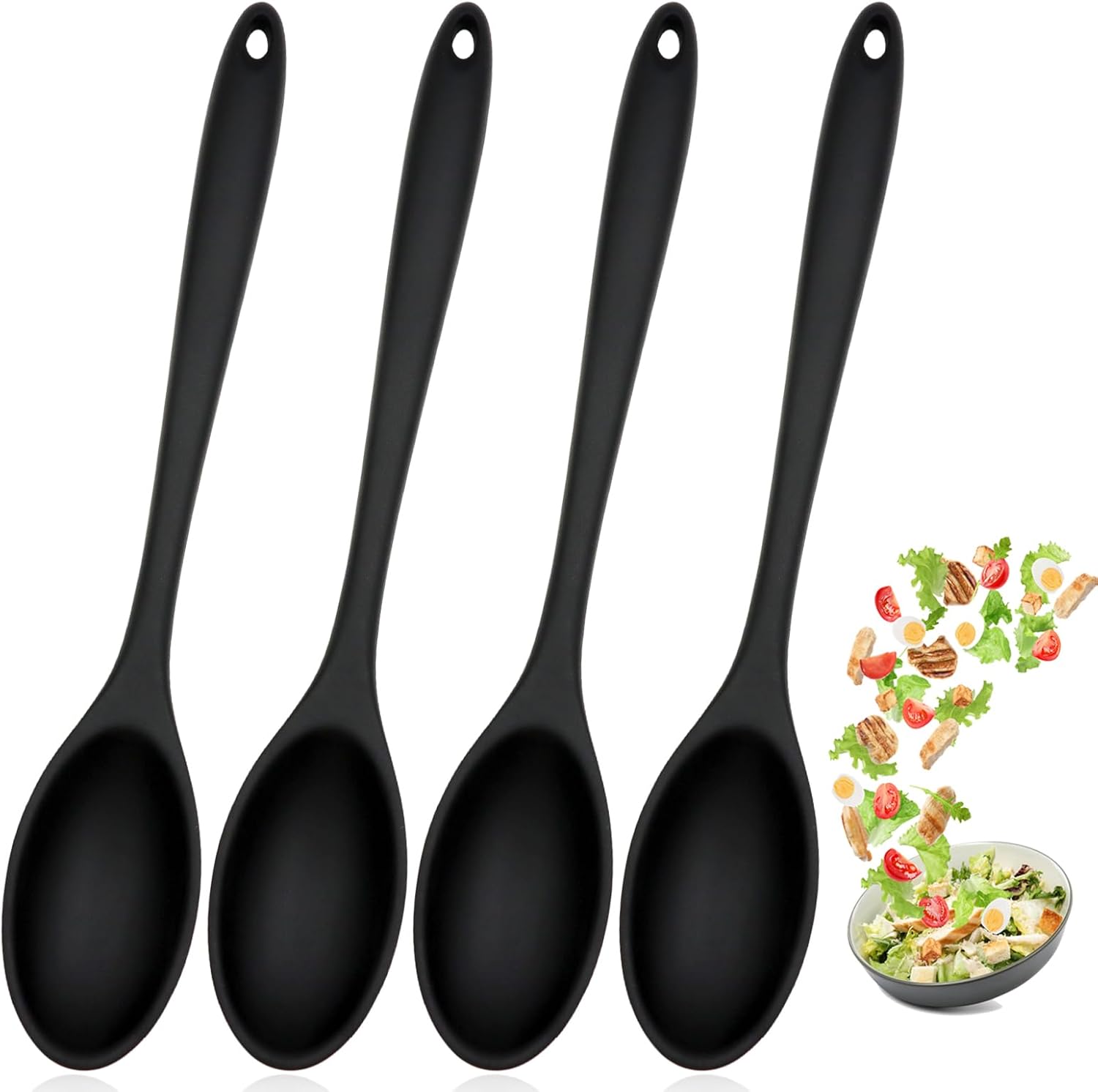 4 Pieces Silicone Kitchen Spoon, Black Non-Stick Spoon, 27.5 x 5.5 cm Mixing Spoons, Anti-Heat Silicone Ladle Large for Cooking, Cooking, Mixing and Serving