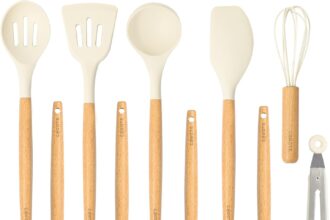 CAROTE Silicone Kitchen Utensils, 10 Pieces, Non-Stick Kitchen Utensils Heat Resistant with Handle, Wooden Spoons, Spatulas for Cooking, Baking, BPA Free, Dishwasher