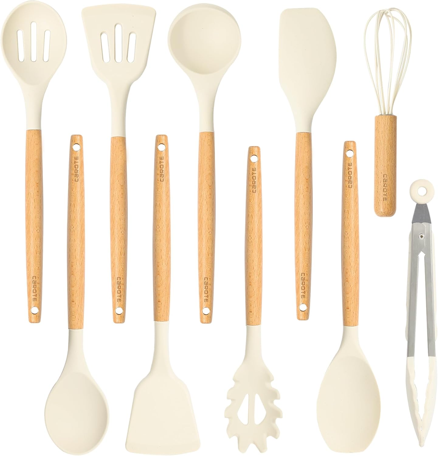 CAROTE Silicone Kitchen Utensils, 10 Pieces, Non-Stick Kitchen Utensils Heat Resistant with Handle, Wooden Spoons, Spatulas for Cooking, Baking, BPA Free, Dishwasher
