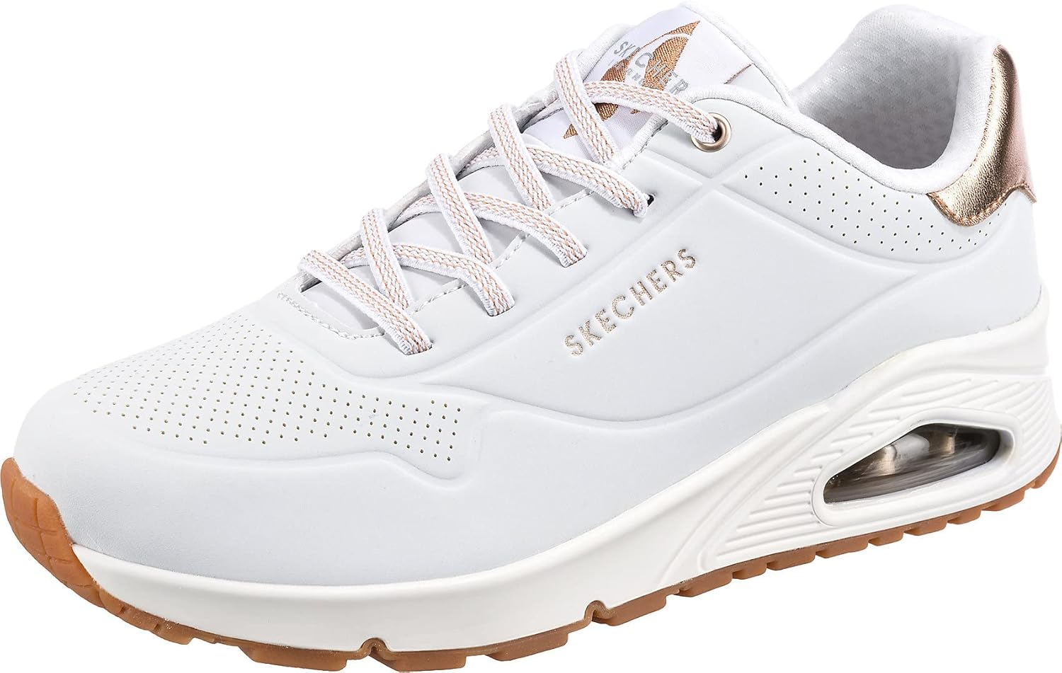Skechers Uno- Shimmer Away, Scarpe da Ginnastica Donna, White Durabuck Rose Gold Duraleather Trim, 41 EU