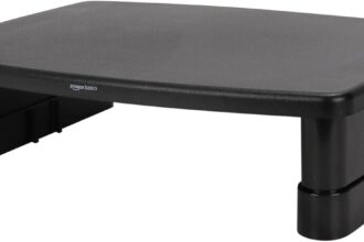 Amazon Basics Rectangle Adjustable Computer Monitor Desk Stand for Reduce Neck Fatigue Fits up to 22 Lbs Laptop, Black, 28 x 41 x 12.5 cm