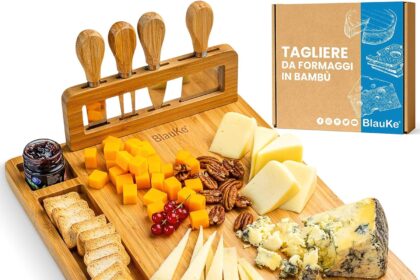 Tagliere con Set di Coltelli per Formaggio o Salumi – in Legno per Aperitivo da Cucina in Bamboo Vassoio da Portata – Accessori – Idee Regalo