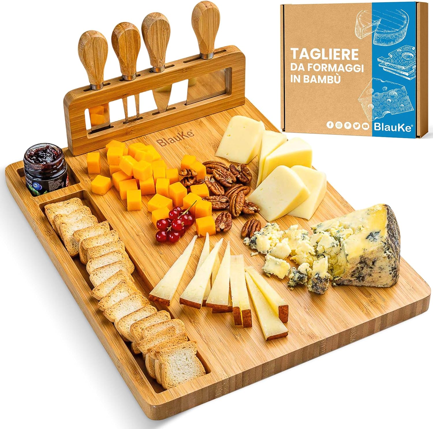 Tagliere con Set di Coltelli per Formaggio o Salumi – in Legno per Aperitivo da Cucina in Bamboo Vassoio da Portata – Accessori – Idee Regalo