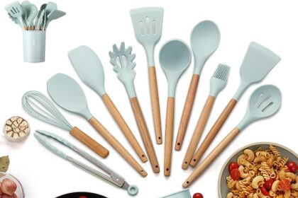 Silicone Kitchen Utensils, 22 Pieces Heat Resistant Non-Stick Silicone Kitchen Utensils with Wooden Handle – 10 S Hooks, Dishwasher Safe Green