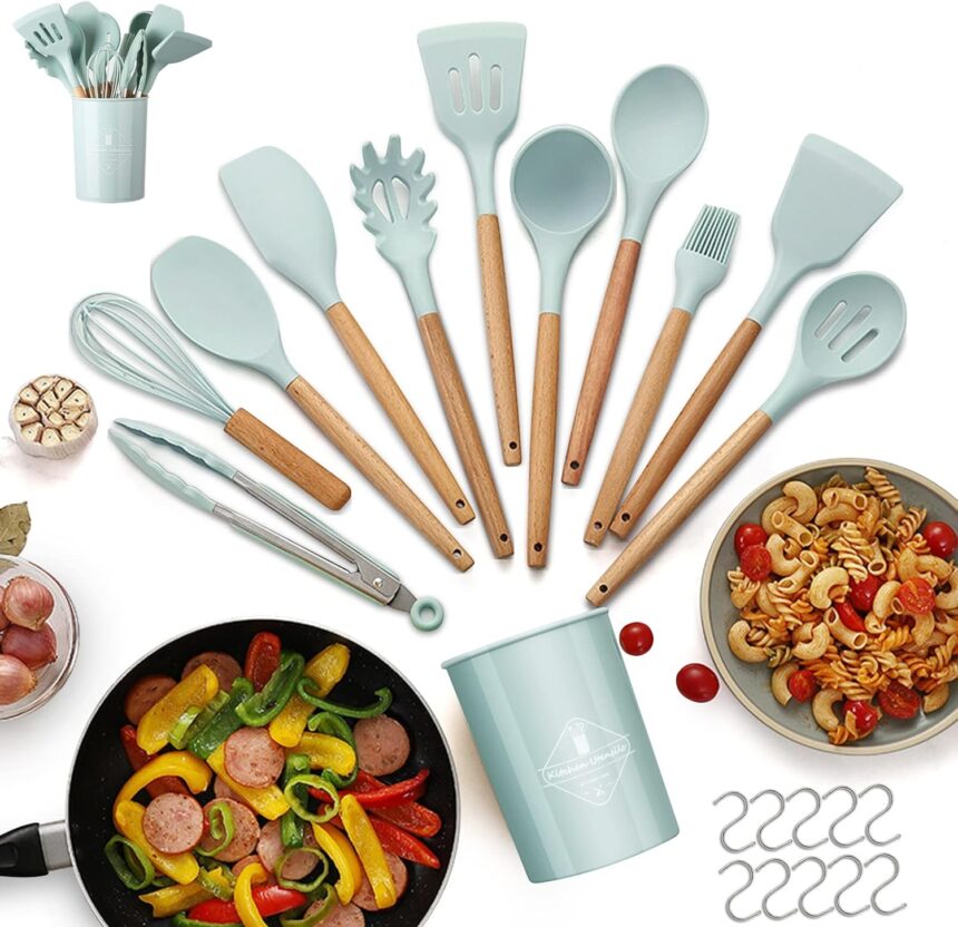 Silicone Kitchen Utensils, 22 Pieces Heat Resistant Non-Stick Silicone Kitchen Utensils with Wooden Handle – 10 S Hooks, Dishwasher Safe Green