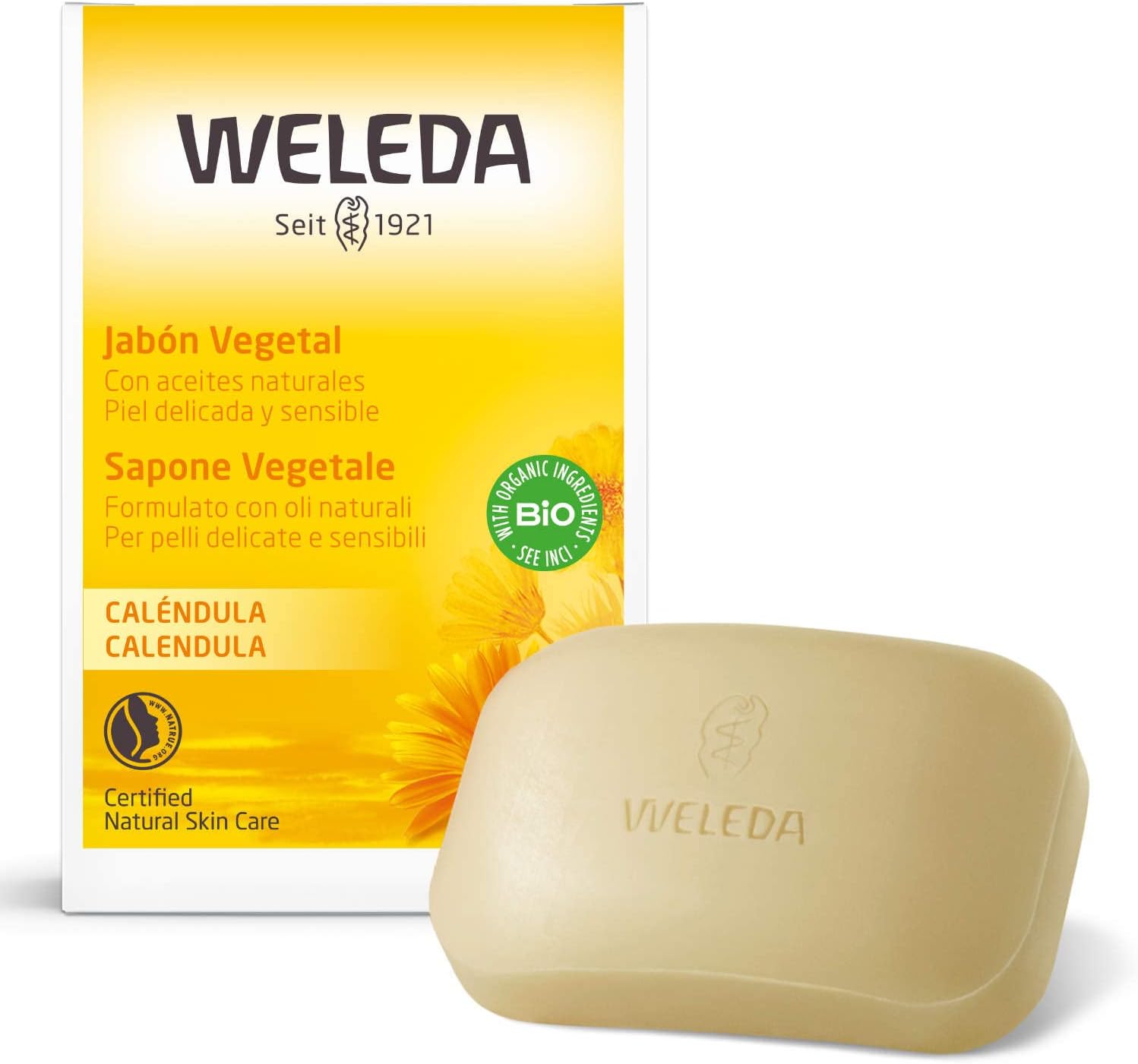 Weleda Calendula Vegetable Soap Based on Natural Oils, Organic Cultures, Chamomile Extracts, Dermatologically Tested (1 x 100 g)
