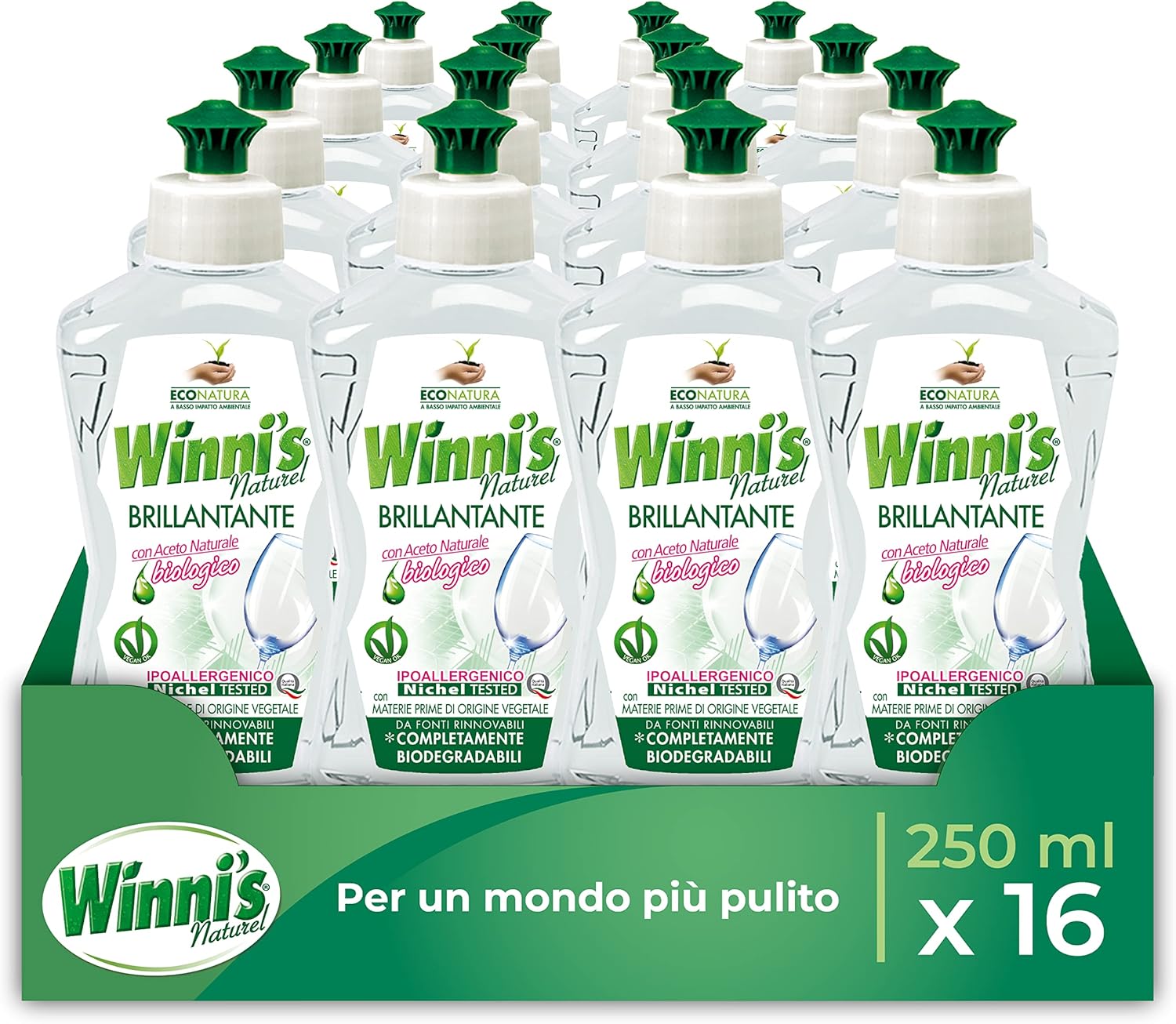 Winni's - Dishwasher Shining Additive Hypoallergenic, with Organic Natural Vinegar, Against Residues and Stains, with Raw Materials of Vegetable Origin, Liquid 250 ml x 16 Packs