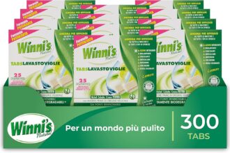 Winni's - Pastiglie per Lavastoviglie, 300 Tabs, Detersivo Multiazione Detergente, Sgrassante, Antiodore e Brillantante, Fragranza di Limone, con Materie Prime di Origine Vegetale, Confezione da 12