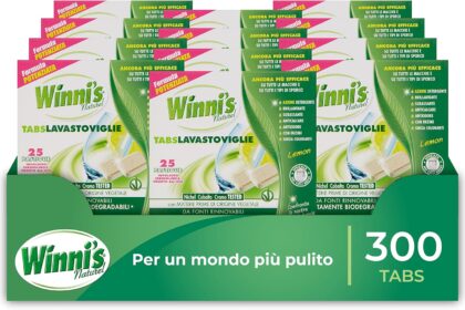 Winni's - Pastiglie per Lavastoviglie, 300 Tabs, Detersivo Multiazione Detergente, Sgrassante, Antiodore e Brillantante, Fragranza di Limone, con Materie Prime di Origine Vegetale, Confezione da 12