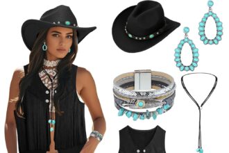 Cowgirl Dresses Women Western Costume Accessories Tassel Hat Turquoise Necklace Bracelets Ring for Halloween Cosplay Hippie Party