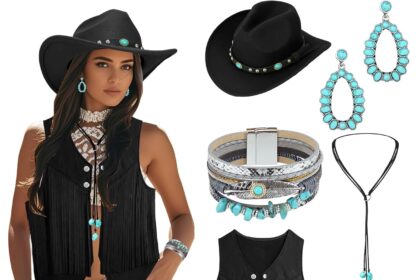 Cowgirl Dresses Women Western Costume Accessories Tassel Hat Turquoise Necklace Bracelets Ring for Halloween Cosplay Hippie Party