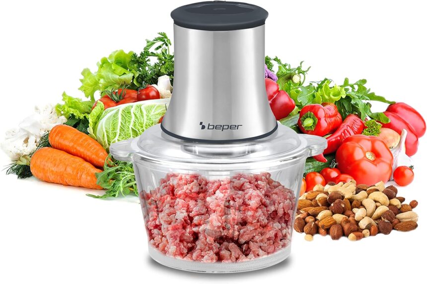 BEPER P102ROB001 Glass Chopper, Glass Container, ABS Body, Double Pair of Steel Blades, 2 Speeds, Non-Slip Base, 1.5L Capacity, Grey/Black