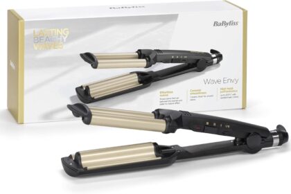 BaByliss Triferro Easy Waves, Beach Waves, Ceramic Titanium, 3 Temperature, Heat Resistant Tip, Gold and Black, C260E