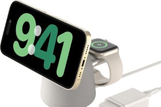 Belkin BoostCharge 2 in 1 Wireless Charger with Qi2 15W MagSafe Charger for iPhone 16, 15, 14, 13, 12, Apple Watch, AirPods and Other Qi2 Devices, Power Supply Included, Sand Grey