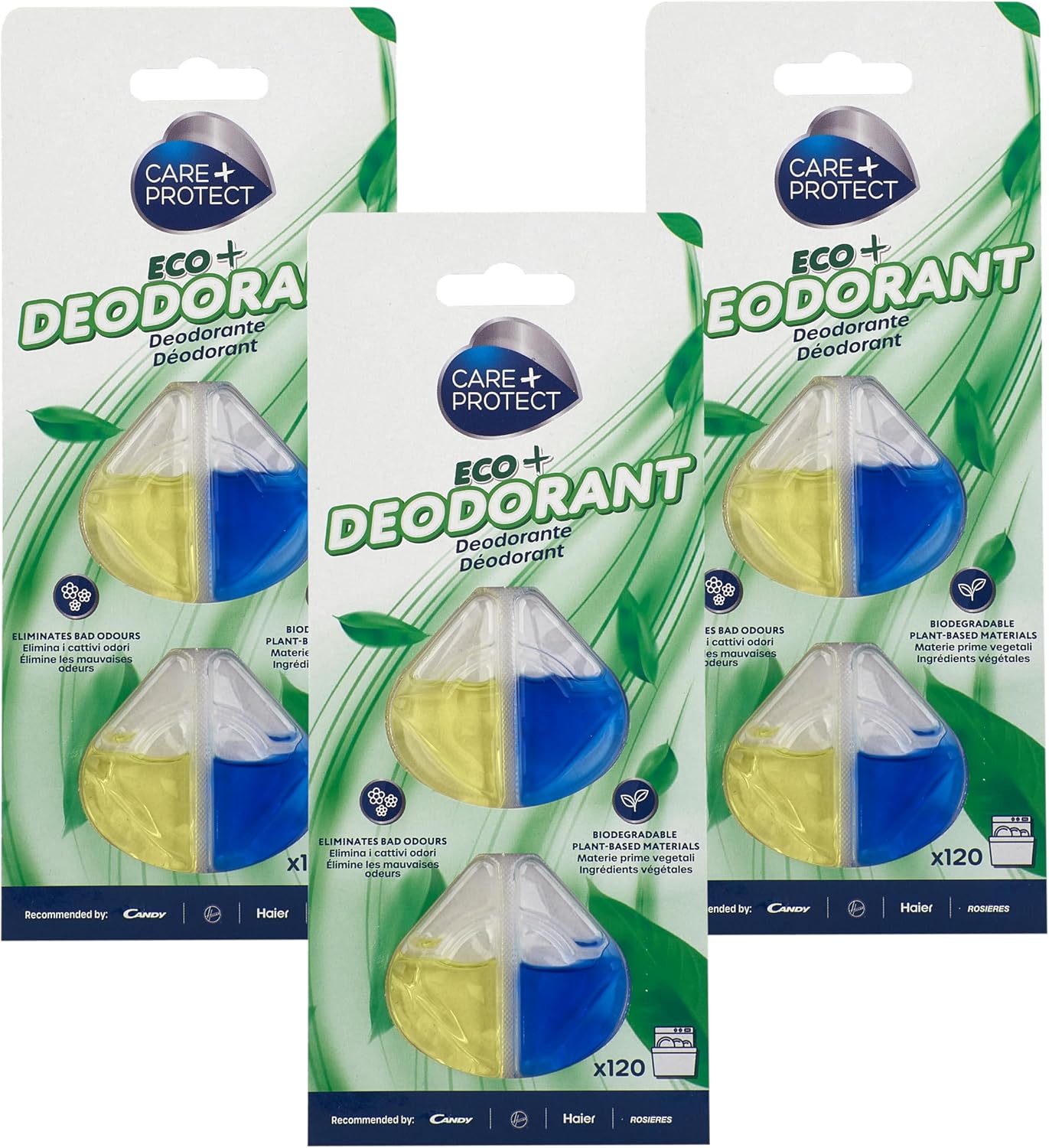 CARE + PROTECT ECO+ Dishwasher Deodorant, Eliminates Bad Odors, Long-Lasting Lemon Fragrance, Maxi Pack of 3 x 2 Shells