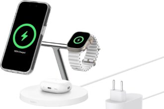 Belkin BoostCharge 3-in-1 Charger with Qi2, MagSafe Compatible Wireless Charging Cradle, iPhone 17 Charger, Air, Pixelsnap, Apple Watch and AirPods Charger, Power Supply Included - White