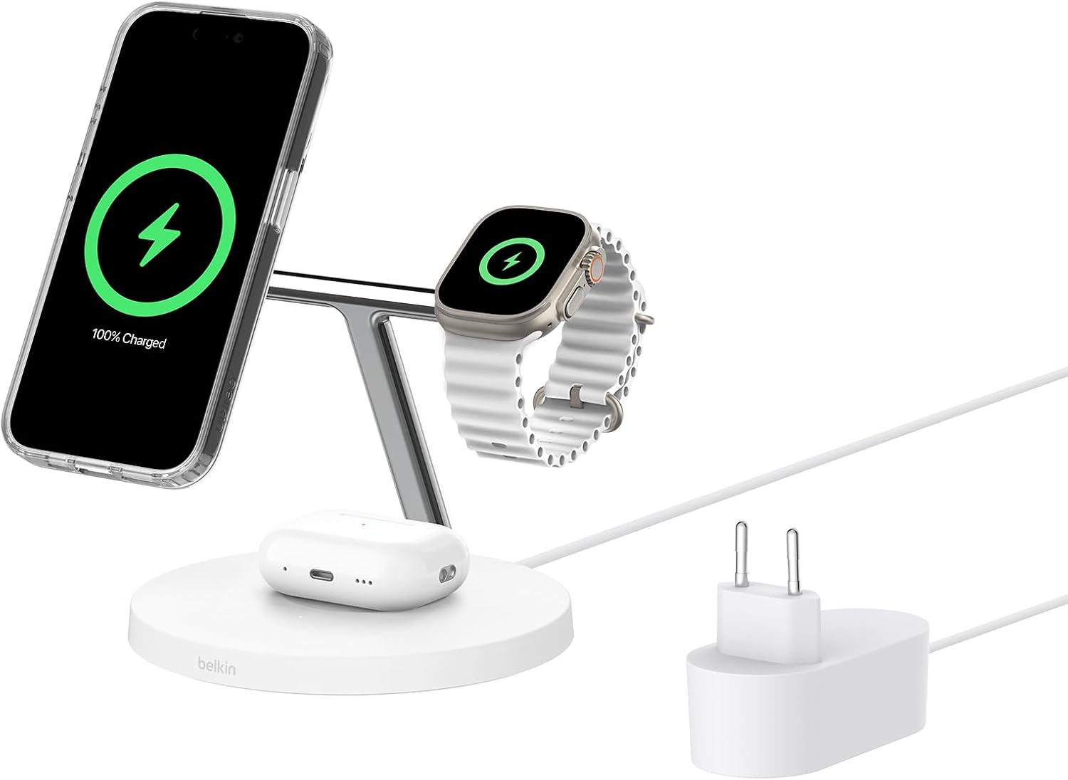 Belkin BoostCharge 3-in-1 Charger with Qi2, MagSafe Compatible Wireless Charging Cradle, iPhone 17 Charger, Air, Pixelsnap, Apple Watch and AirPods Charger, Power Supply Included - White