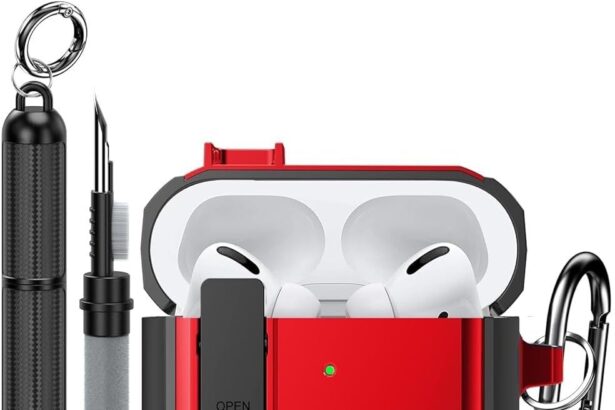 Lopnord Airpods Pro 2/1 Case Cover with Lock Cover, Shockproof Cover Compatible with Airpod Pro 2 Case, Rugged Case for Air Pods Pro/Pro 2 Charging Case (Red+Cleaner Kit)