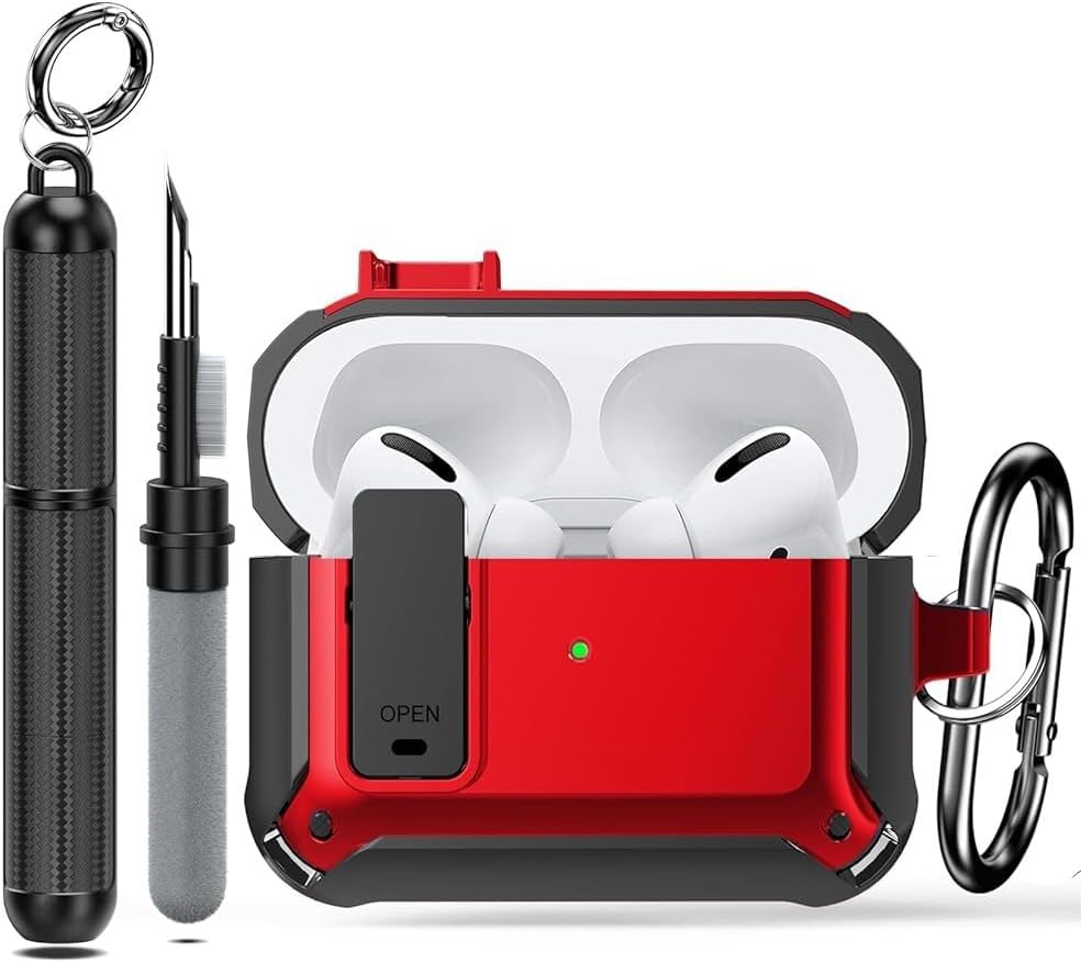 Lopnord Airpods Pro 2/1 Case Cover with Lock Cover, Shockproof Cover Compatible with Airpod Pro 2 Case, Rugged Case for Air Pods Pro/Pro 2 Charging Case (Red+Cleaner Kit)