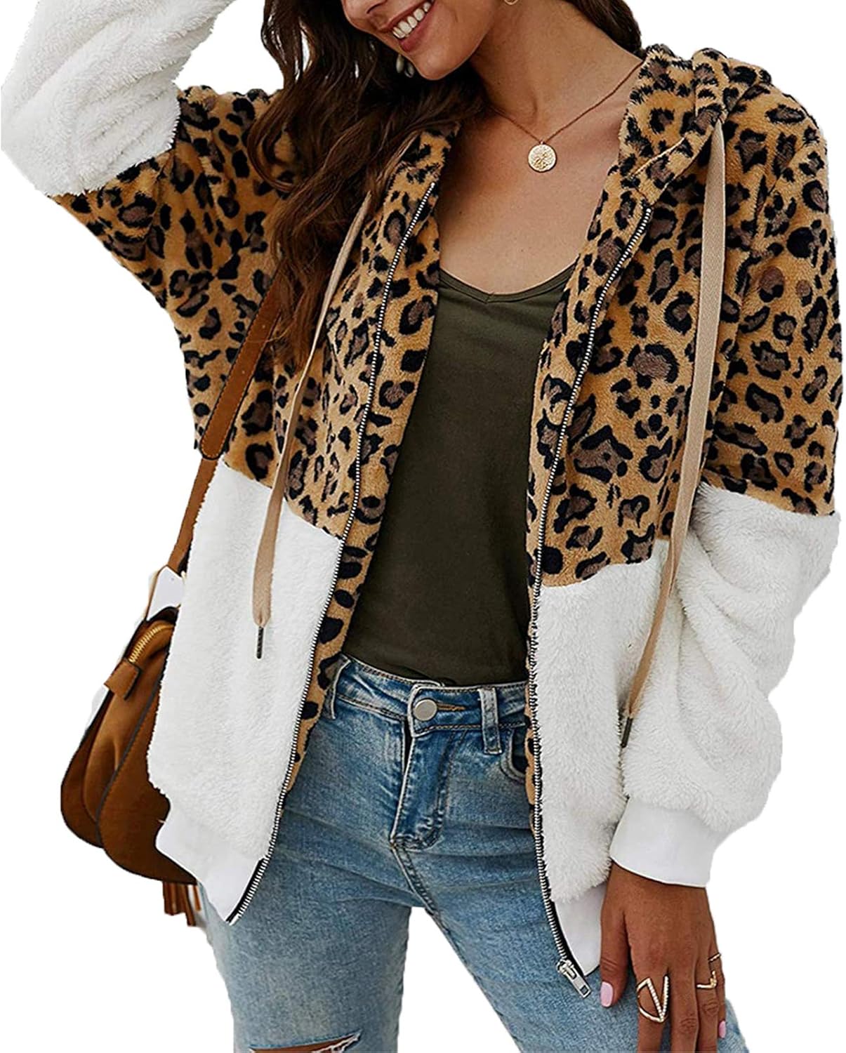 ABINGOO Women's Casual Hooded Coat Jacket Leopard Winter Zipper Jackets and Coats Fleece Warm Hoodies Outwear