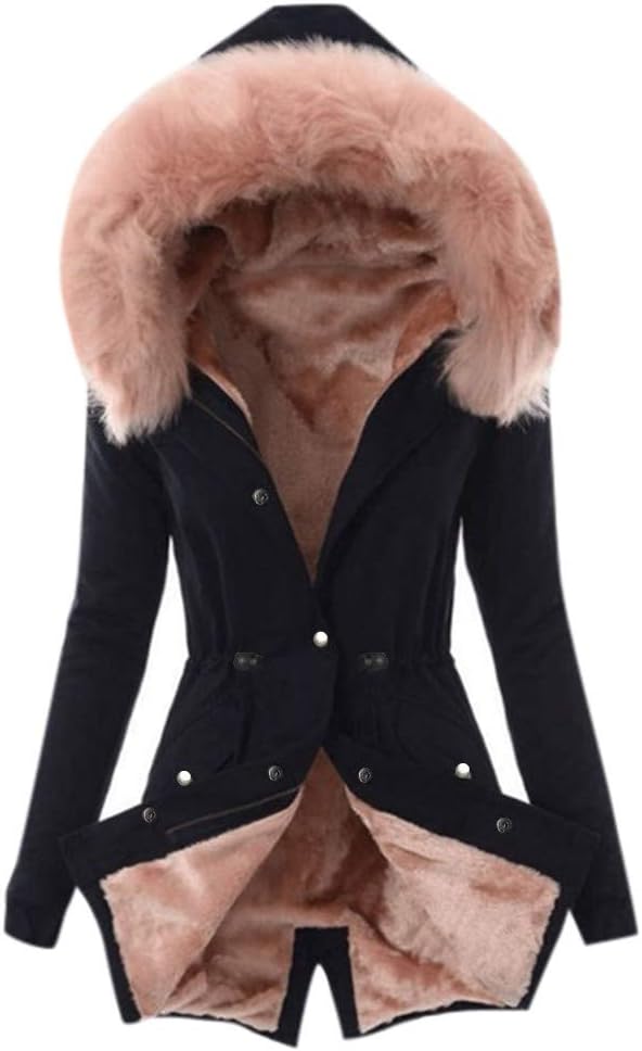 Women Winter Parka Lined Warm Teddy Lining Quilted Coat Long Hooded Thick Fur Lined Coat Solid Color Zipper S - 3XL