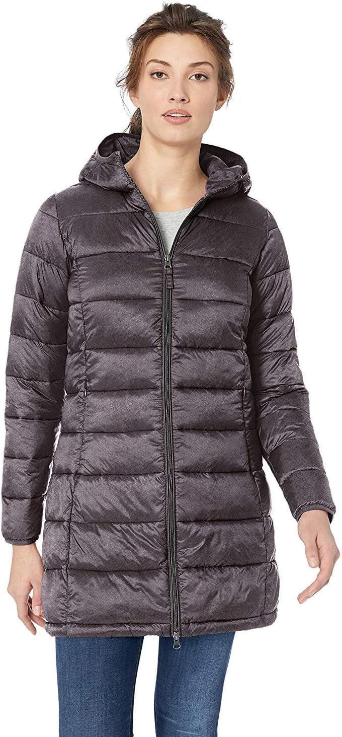 Amazon Essentials Women's Long Down Jacket with Foldable Hood, Lightweight and Waterproof (Available in Plus Sizes)