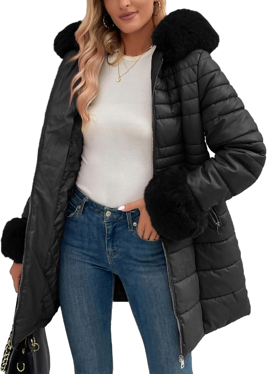 Geschallino Women's Long Parka Coat with Winter Bubble Padding with Removable Faux Fur Collar