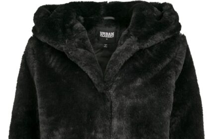 URBAN CLASSICS Women's Faux Fur Jacket with Extra Large Hood, Short Fleece Coat, Side Pockets and Eyelet Closure, Sizes XS to 5XL