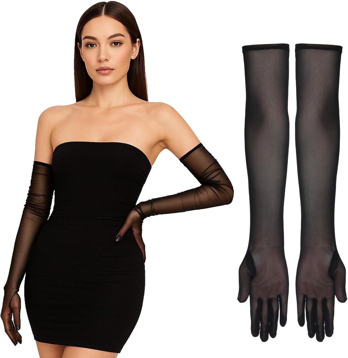 Black Sheer Long Gloves, Lace Opera Gloves for Women, Tulle Formal Gloves, 1920s Accessories, Tea Party Accessories, Prom Accessories for Women Bridal (55cm), Black, Black, One size