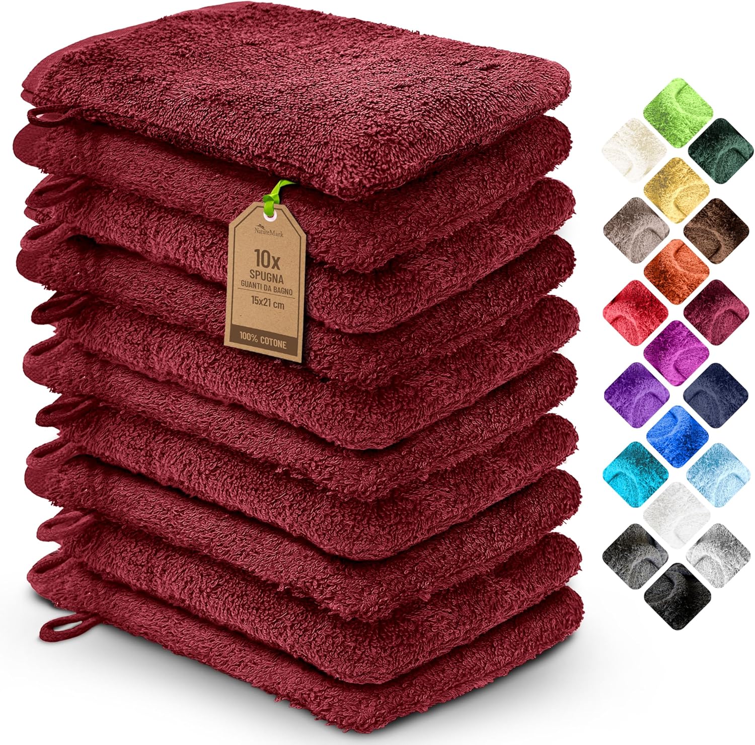 NatureMark Pack of 10 Terry Bath Gloves 100% Cotton - Soft and Durable, Ideal for Daily Care and Guest Care - Burgundy Red - 15x21cm