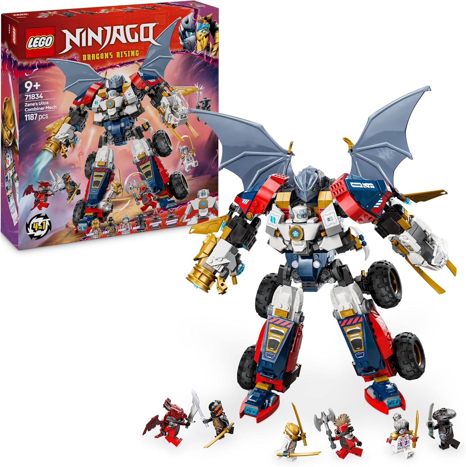 LEGO NINJAGO Mech Ultra Zane Combiner – Robot Toy 4 in 1 Separable in Plane, Car, Dragon and Action Figure with 6 Minifigures, Games for Children from 9 Years from The Dragon Revolt 71834
