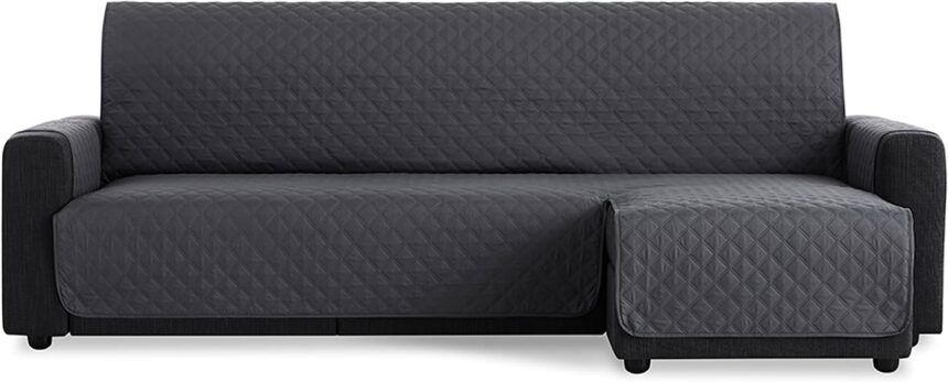MAXIFUNDAS | Sofa Cover with Chaise Longue, Padded, Right Armrest 220 cm - Extra Soft Grey Sofa Cover - Sofa Protector