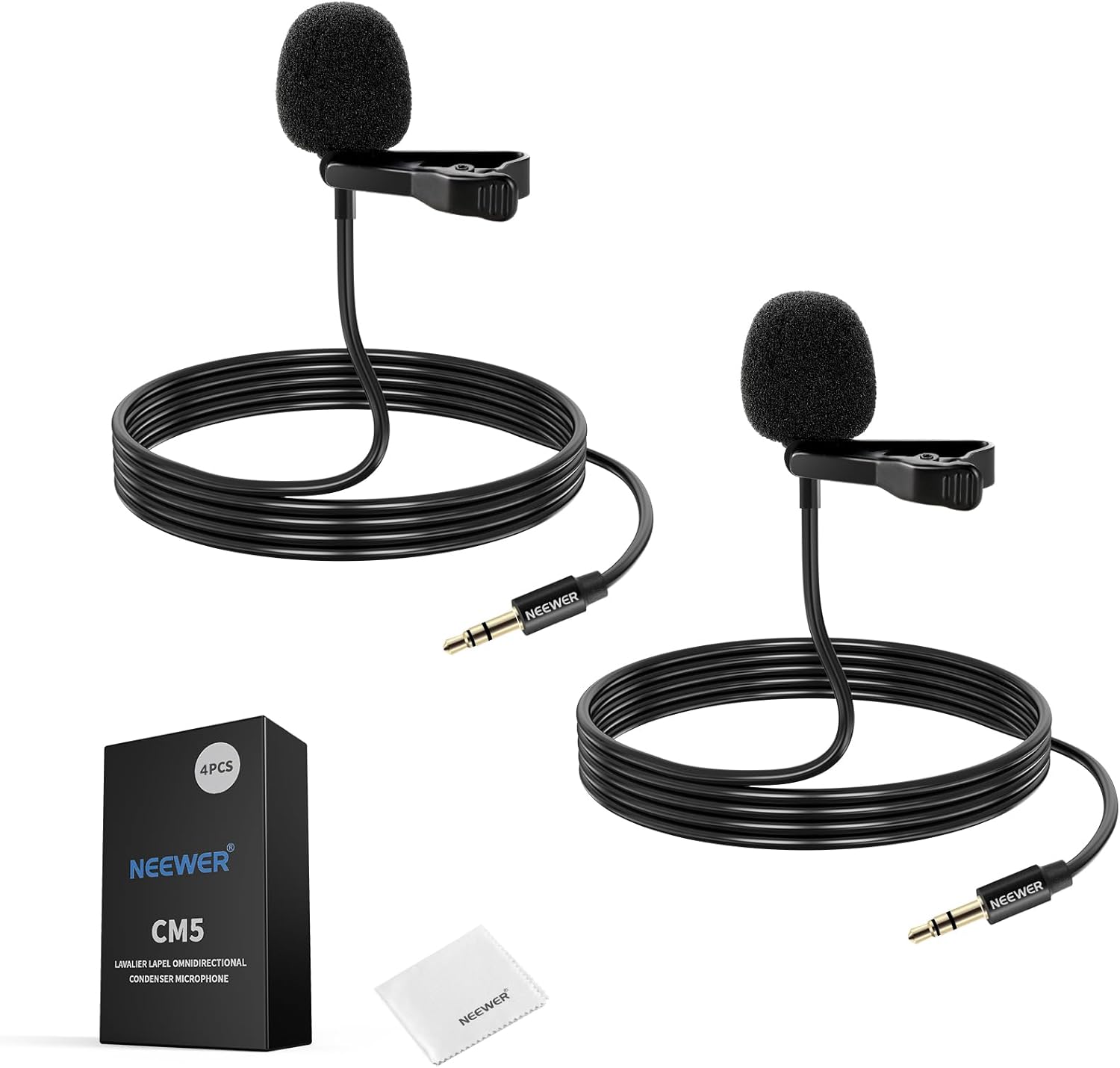 NEEWER CM5 Mic Lav (2pcs) Mini Omnidirectional Clip-on Condenser Lavalier Microphone with 1.2m TRS 3.5mm Cable Compatible with Rode Wireless GO II 2 DJI Camera Transmitter, 1 Cleaning Cloth