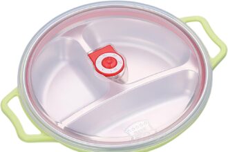1.3L Microwave Plate with Lid and Handles, Round Salad Bowl with 3 Compartments, Ventilated Lid, Lunch Box, Microwave and