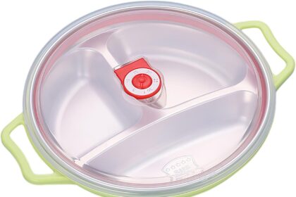 1.3L Microwave Plate with Lid and Handles, Round Salad Bowl with 3 Compartments, Ventilated Lid, Lunch Box, Microwave and