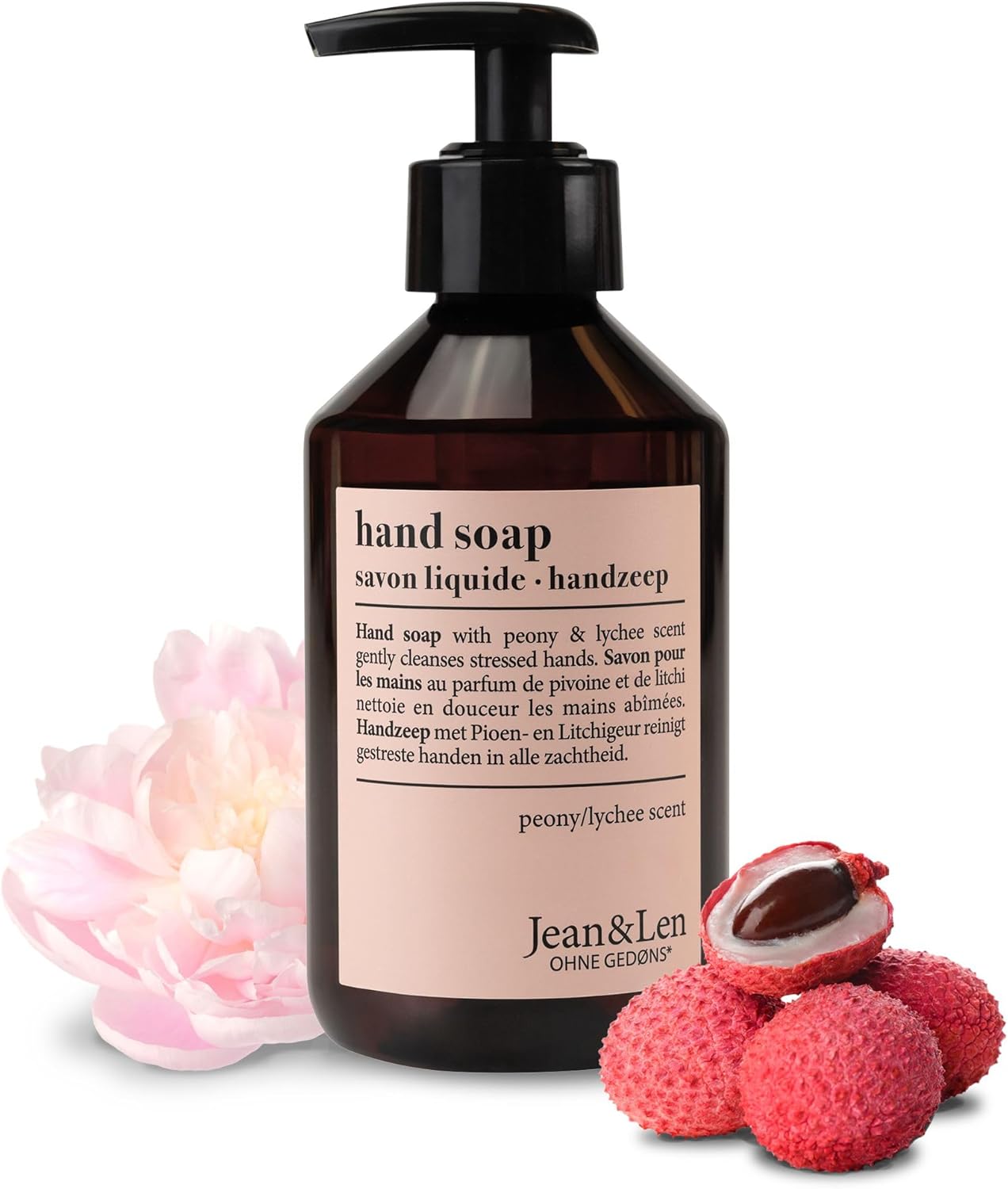 Jean & Len Peony & Litchi Hand Soap Liquid Soap Pump Dispenser for Soft Hands, Flowery & Delicate Fragrance, Paraben Free, Silicones & Microplastics Free, Vegan, 250ml
