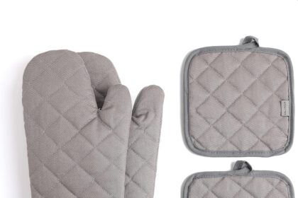 Oven Mitts and Pot Holders Set of 4 Heat Resistant 500 Degree Extra Thick Long Cotton Kitchen Gloves for Cooking (12 Inch, Grey)