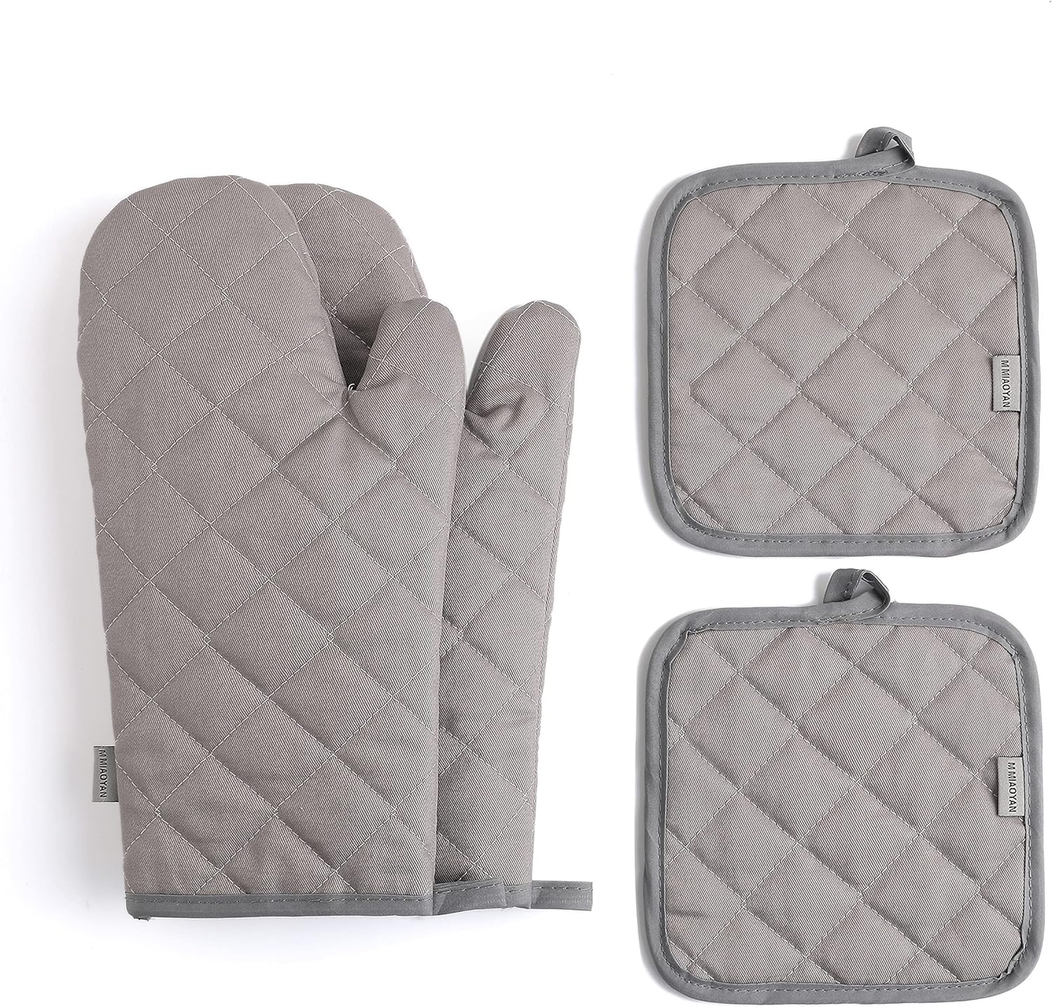 Oven Mitts and Pot Holders Set of 4 Heat Resistant 500 Degree Extra Thick Long Cotton Kitchen Gloves for Cooking (12 Inch, Grey)