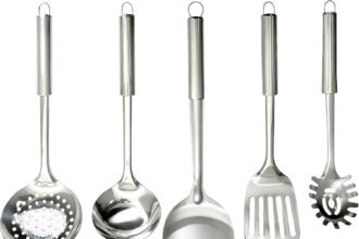 5 Piece Stainless Steel Kitchen Utensils Set Stainless Steel Spaghetti Ladle Set Kitchen Utensils Soup Spoon Skimmer Frying Spatula Wok Spoon Pasta Spoon