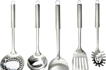 5 Piece Stainless Steel Kitchen Utensils Set Stainless Steel Spaghetti Ladle Set Kitchen Utensils Soup Spoon Skimmer Frying Spatula Wok Spoon Pasta Spoon