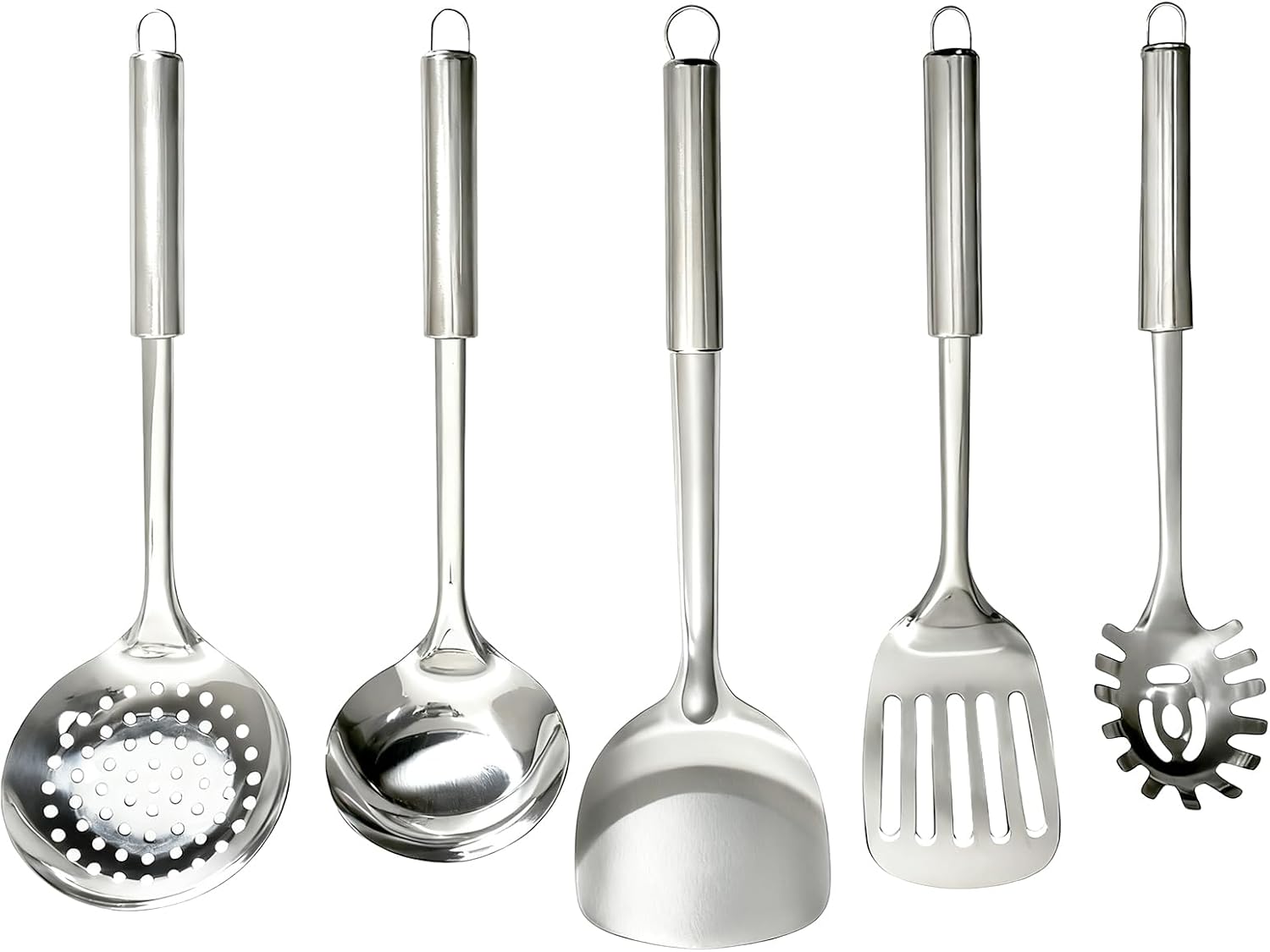 5 Piece Stainless Steel Kitchen Utensils Set Stainless Steel Spaghetti Ladle Set Kitchen Utensils Soup Spoon Skimmer Frying Spatula Wok Spoon Pasta Spoon