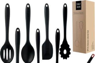 Silicone Kitchen Utensils Set, 8 Pieces Heat Resistant Non-Stick Spatula, Spoon, Ladle, Ladle, Pasta, Skimmer, Fish (Black)