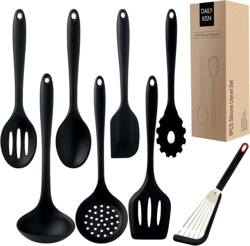 Silicone Kitchen Utensils Set, 8 Pieces Heat Resistant Non-Stick Spatula, Spoon, Ladle, Ladle, Pasta, Skimmer, Fish (Black)