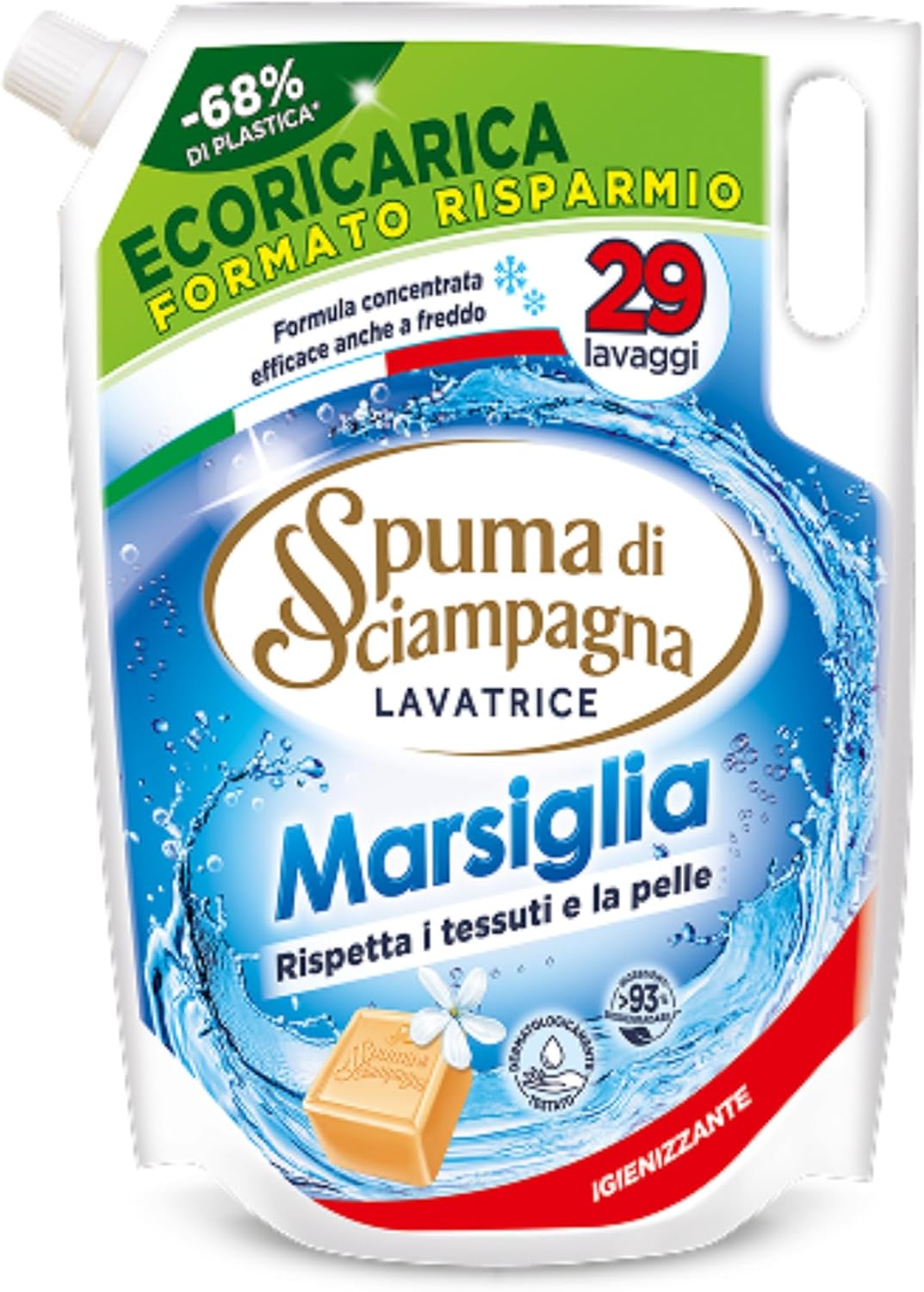 Spuma di Sciampagna - Concetrated Washing Detergent, Marseille Soap, Concentrated Formula Effective Even Cold, Sanitizing with 93% Biodegradable Ingredients - 1300 ml, 29 Washes