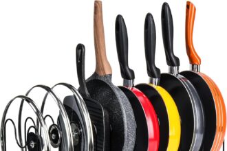 Toplife Pot Holder Stainless Steel Kitchen Stand with 10 Adjustable Compartments, Perfect for Kitchen Utensils, Pots, Lids (Black)