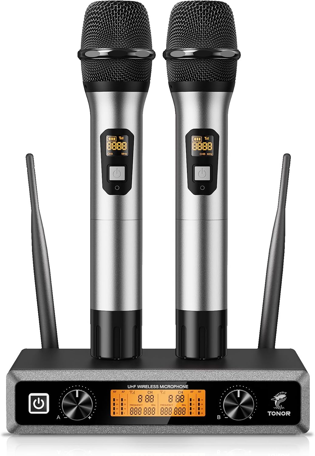 TONOR Wireless UHF Professional Dynamic Dual Microphone Wireless Microphone Handheld Microphone System Microphone Set for Karaoke Party DJ Church Wedding Meeting TW820 Silver