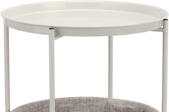 Amazon Basics Round Side Sofa Side Table with Storage Space, White with Grey Melange Fabric, 44.96 D x 44.96 W x 48 H cm, Cream/Ivory