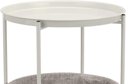 Amazon Basics Round Side Sofa Side Table with Storage Space, White with Grey Melange Fabric, 44.96 D x 44.96 W x 48 H cm, Cream/Ivory